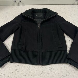 ZARA BASIC Wool Blend Zip Black Bomber Jacket w Ribbed Collar & Hem Size XS